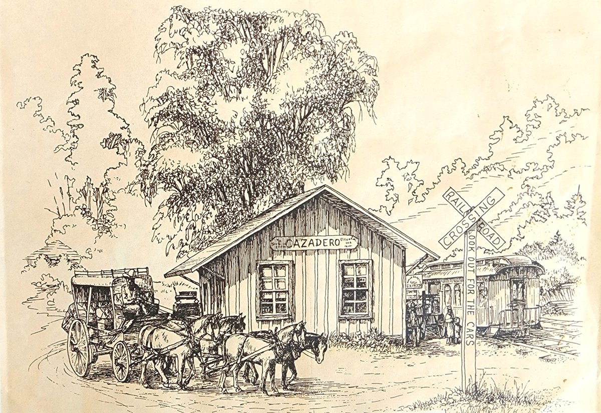 The Cazadero railroad depot with a horse and cart, early 1900s